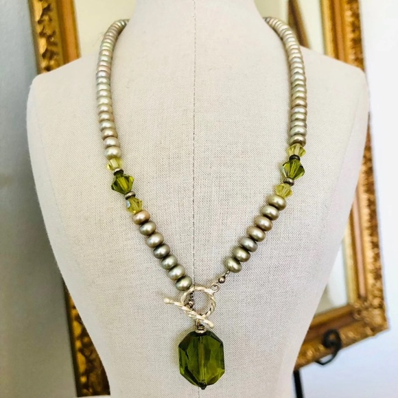 🔥 Vintage Deco Green Crystal Pendant Pearl Necklace 💚 - Picture 6 of 13